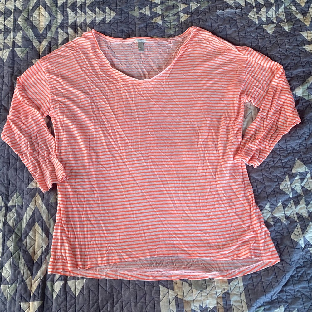 J. Crew Coral and White Striped Long Sleeve T-Shirt Scoop Neck Relaxed Fit M